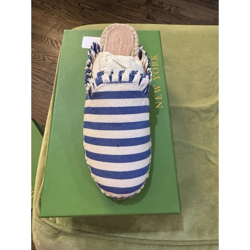 Kate Spade Size 10 Blue Cream Striped Canvas Laila Espadrilles Mules‎